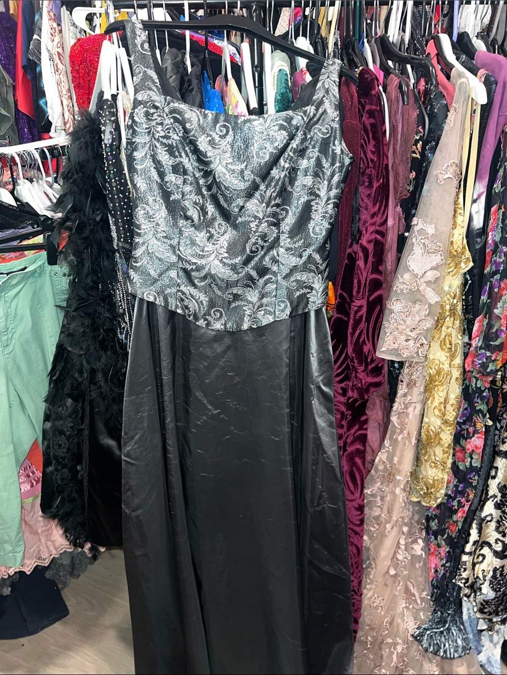 Y2K whimsygoth Metallic silver and gray Strapless Gown with Silver Brocade Bodic